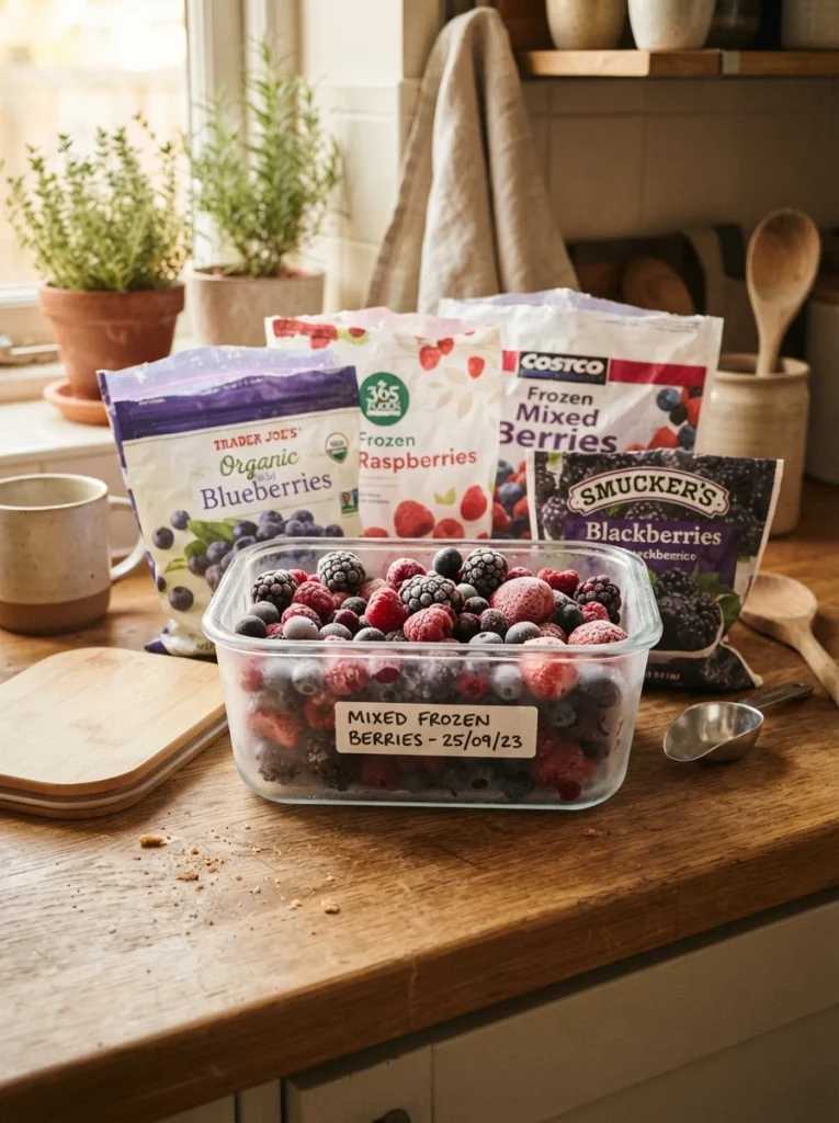 Multiple bags of frozen berries consolidated into one labeled container, warm kitchen lighting, vertical Pinterest photography, warm consolidated styling.