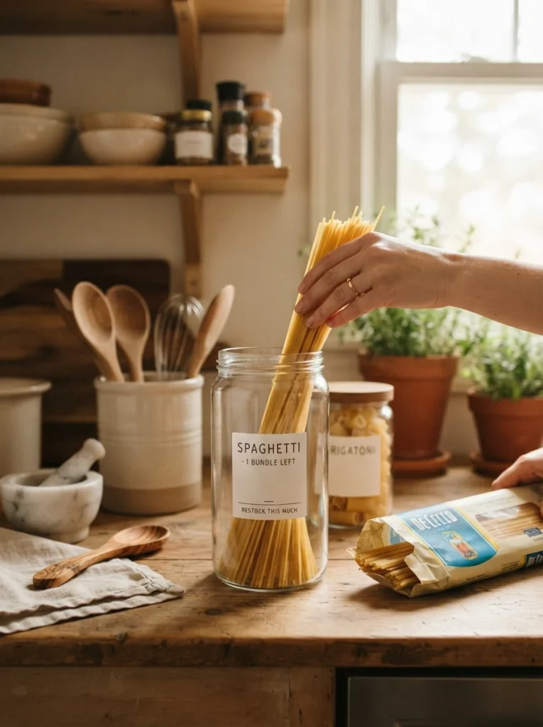 A labeled container being used as a guide for how much pasta to purchase, container method in practice, warm kitchen lighting, vertical Pinterest photography, warm restrained-buying styling.