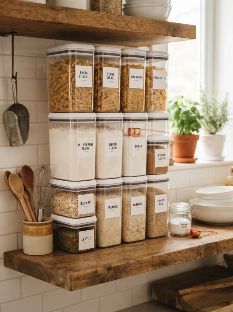 Clear stackable airtight containers filled with flour, rice, and pasta on an open shelf, uniform labels, warm kitchen lighting, vertical Pinterest photography, warm clean styling.