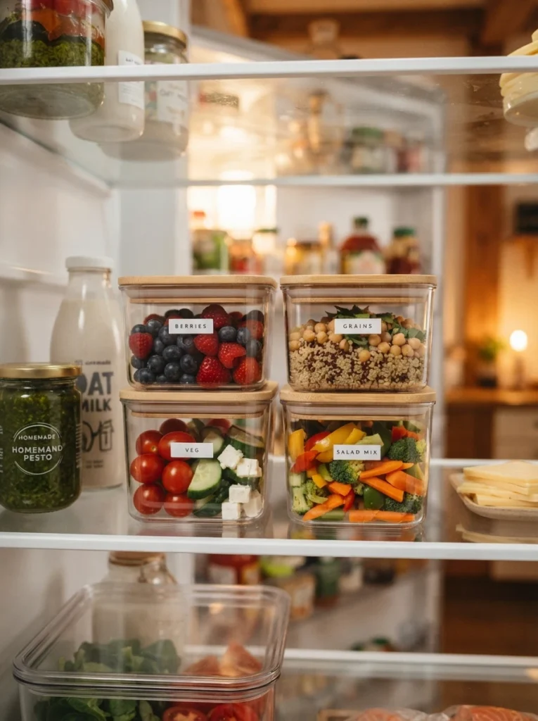 Clear stackable containers filled with food items on a refrigerator shelf, maximizing vertical space, warm kitchen lighting, vertical Pinterest photography, warm stacked styling.