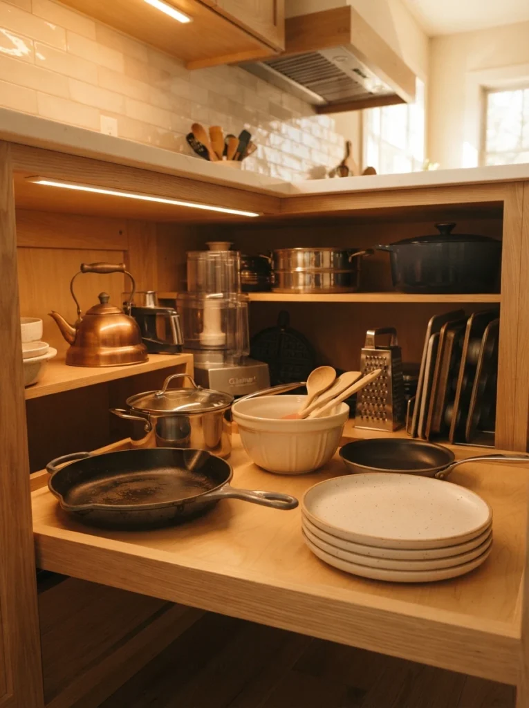 A deep cabinet with everyday cookware near the front and rarely used specialty items toward the back, warm kitchen lighting, vertical Pinterest photography, warm frequency-based styling