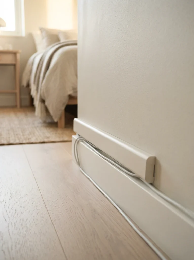 Close-up detail of a paintable cord cover running neatly along a bedroom baseboard, cords tucked cleanly inside, soft neutral wall color, minimalist styling, warm ambient lighting, vertical Pinterest photography, clean detail shot.
