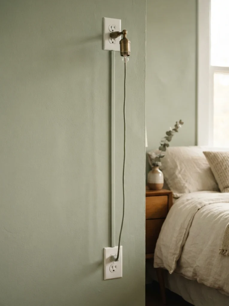 Close-up detail shot of a paintable cord cover running down a bedroom wall from a plug-in sconce to an outlet, cover painted to seamlessly match a soft sage green wall, minimal and clean look, warm ambient lighting, styled interior detail photography, vertical Pinterest composition.