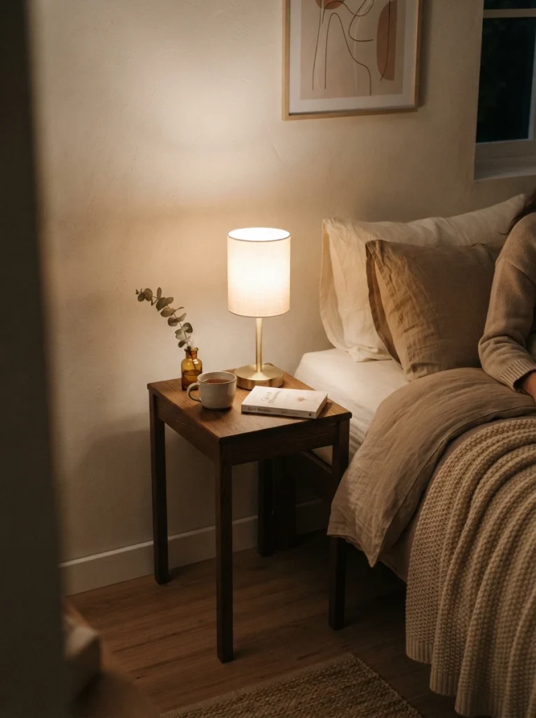 A small cordless rechargeable lamp glowing warmly on a narrow nightstand with no visible cord, minimalist styling, cozy neutral bedding, evening ambiance, vertical Pinterest photography, warm compact tones.