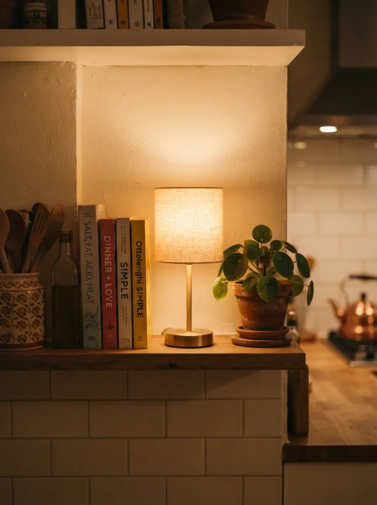 A small cordless rechargeable table lamp glowing warmly on an open kitchen shelf beside cookbooks and a small potted plant, no visible cord, cozy evening kitchen scene, warm amber light against white shelving, styled apartment kitchen, vertical Pinterest photo, soft warm tones.