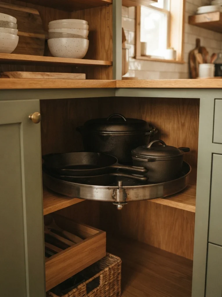 A heavy-duty steel lazy susan tray inside a corner cabinet holding a cast iron pot and heavy cookware, warm kitchen lighting, vertical Pinterest photography, warm durable styling.