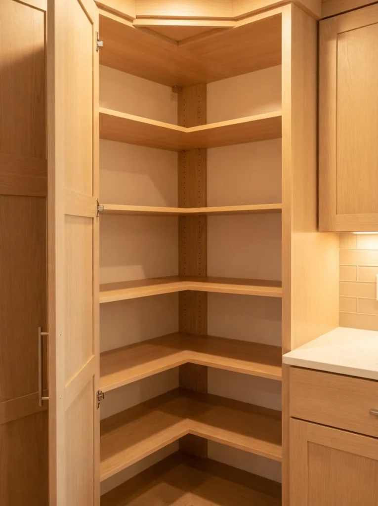 An empty corner cabinet interior showing multiple adjustable shelf levels installed, warm kitchen lighting, vertical Pinterest photography, warm structural styling.