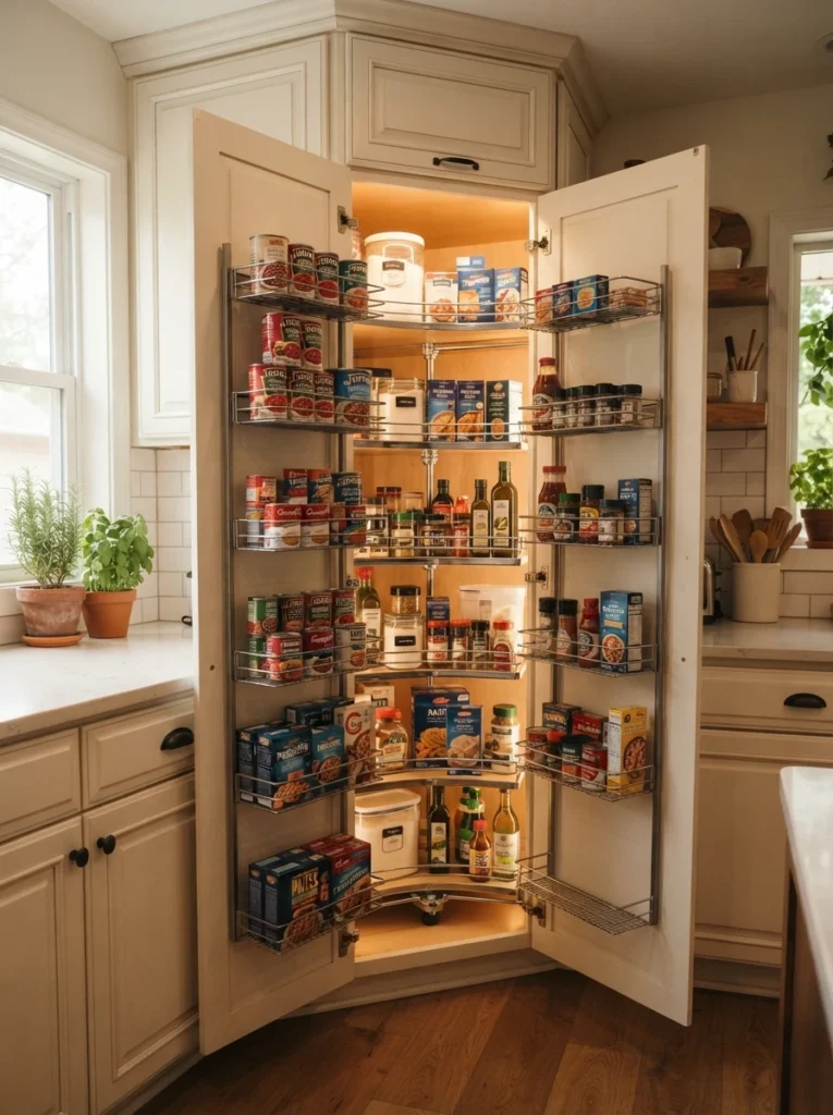 A tall corner cabinet with a swing-out pantry organizer open, shelves attached to the door holding canned goods and boxes, warm kitchen lighting, vertical Pinterest photography, warm vertical styling.