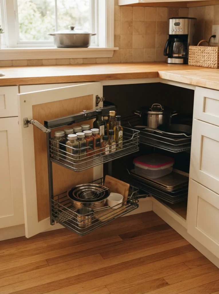 A blind corner cabinet pull-out system extended, showing front and rear wire baskets filled with organized kitchen items, cabinet door open, warm lighting, vertical Pinterest photography, warm mechanical styling.