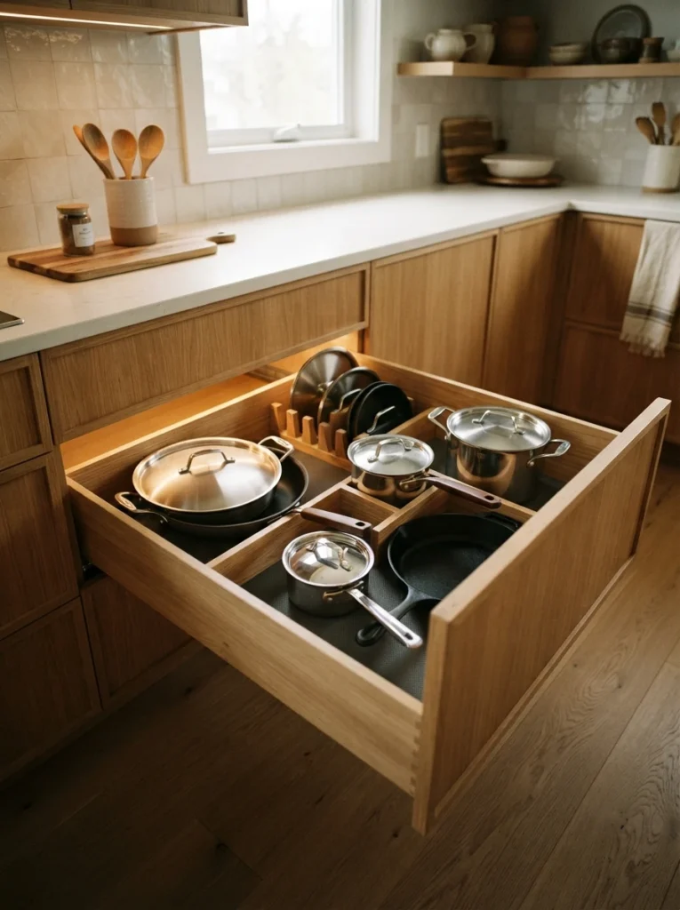 An angled corner drawer pulled fully open, showing organized pots, pans, and dividers inside, warm kitchen lighting, vertical Pinterest photography, warm modern styling.