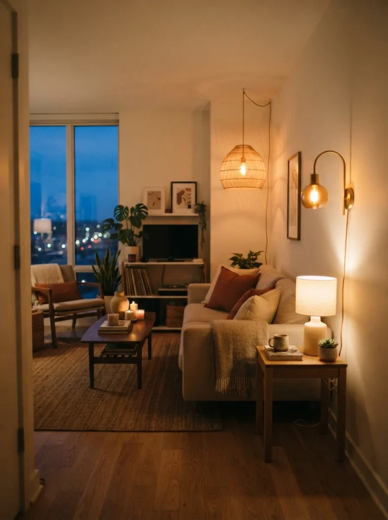 Wide shot of a small cozy apartment living room at dusk showing multiple warm light sources at once, a plug-in wall sconce, a cordless table lamp, and a pendant over a side table, all glowing in warm amber tones, layered depth and shadow, styled minimalist furniture, vertical Pinterest interior photography, cinematic warm lighting.