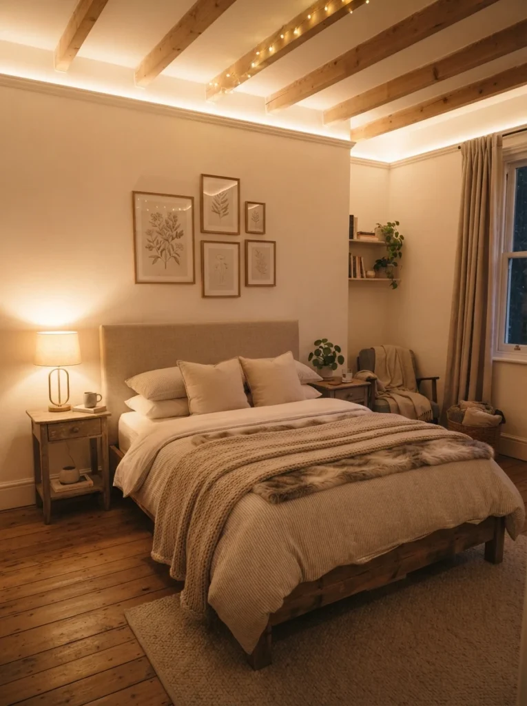 A small bedroom with soft light washing evenly across the peripheral walls, warm glow extending the visual boundaries, cozy neutral bed in the center, evening ambiance, vertical Pinterest photography, warm expansive tones.
