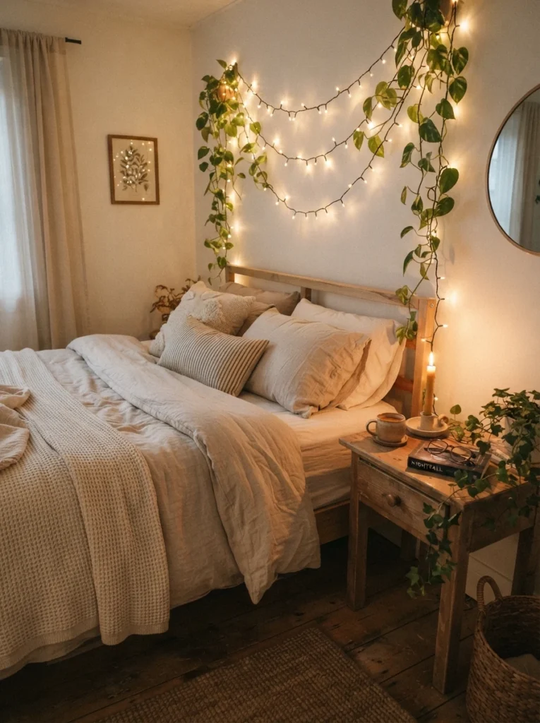 A cozy bed with warm fairy lights draped above, small trailing vines and a lit candle styled nearby on a nightstand, dreamy evening atmosphere, neutral bedding, vertical Pinterest photography, warm layered styling.