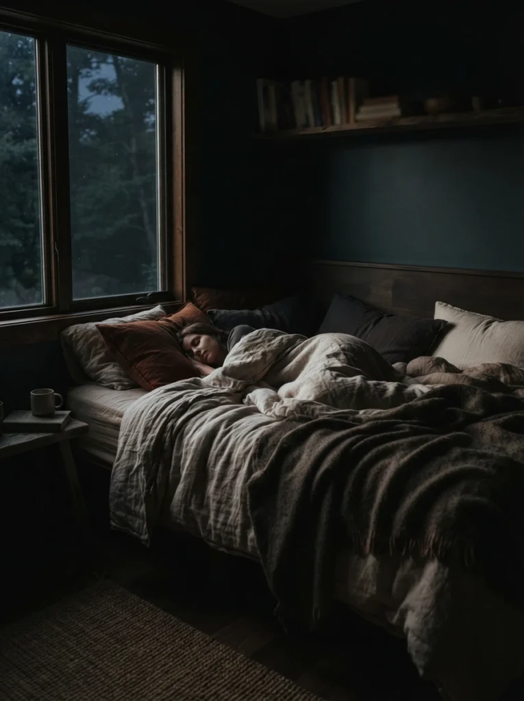 A dark cozy bedroom at night with all small electronic lights covered or dimmed, faint outline of a bed under warm blankets, calm nighttime atmosphere, minimal glow, vertical Pinterest photography, warm dark moody tones.