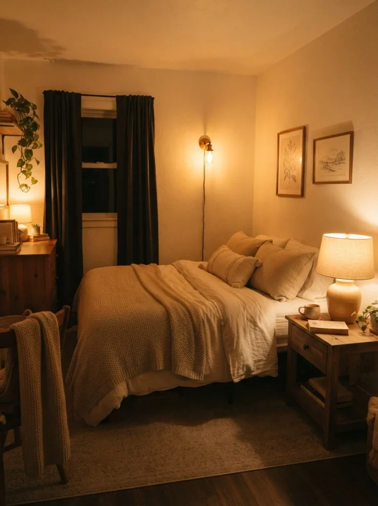 A small cozy bedroom bathed entirely in consistent warm 2700K lighting from a bedside lamp, wall sconce, and soft ambient glow, no cool-toned light mixing in, neutral bedding, evening calm atmosphere, vertical Pinterest photography, warm golden tones.