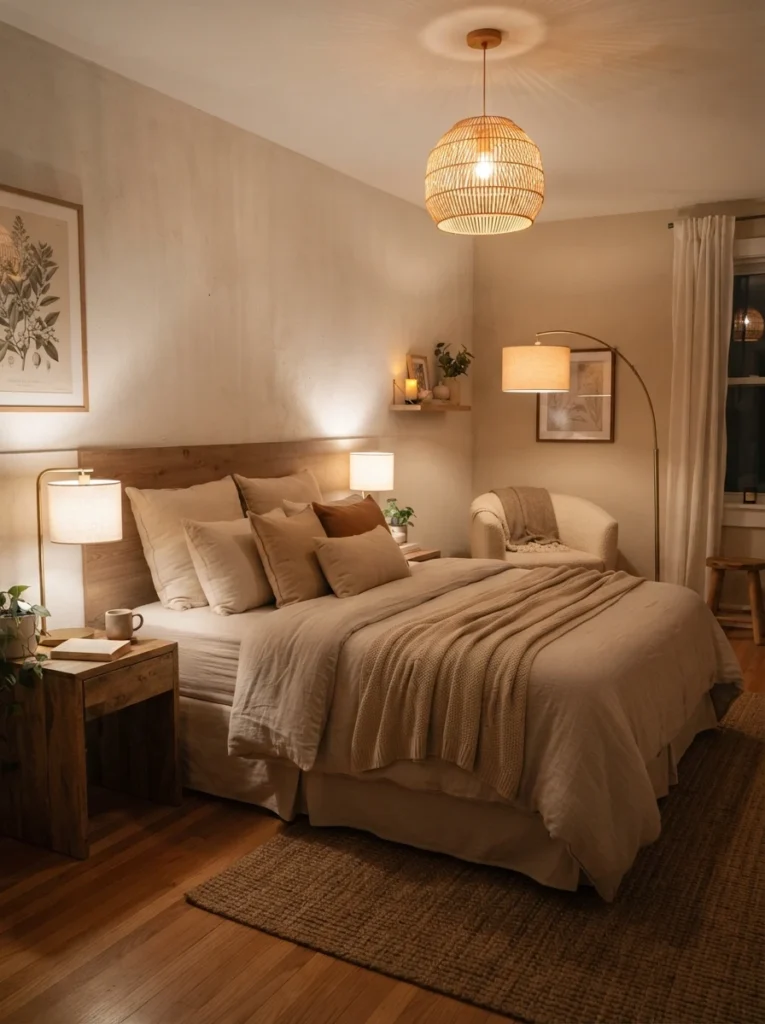 A small bedroom showing four distinct warm light sources at once, ceiling fixture, floor lamp, bedside lamp, and small accent light, layered depth and warmth, cozy neutral styling, vertical Pinterest interior photography, warm layered tones.