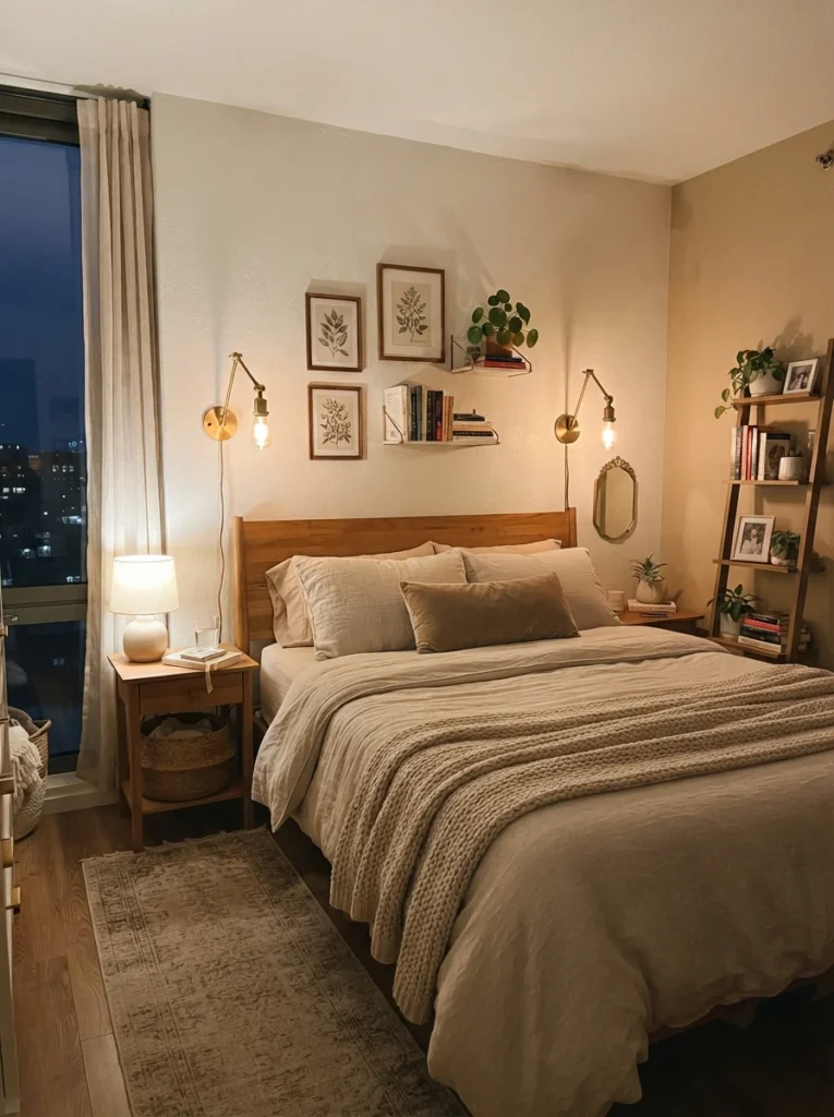 A small apartment bedroom showing a bright main light off while warm accent sconces stay lit, layered evening ambiance, cozy neutral bedding, vertical Pinterest photography, warm flexible lighting.