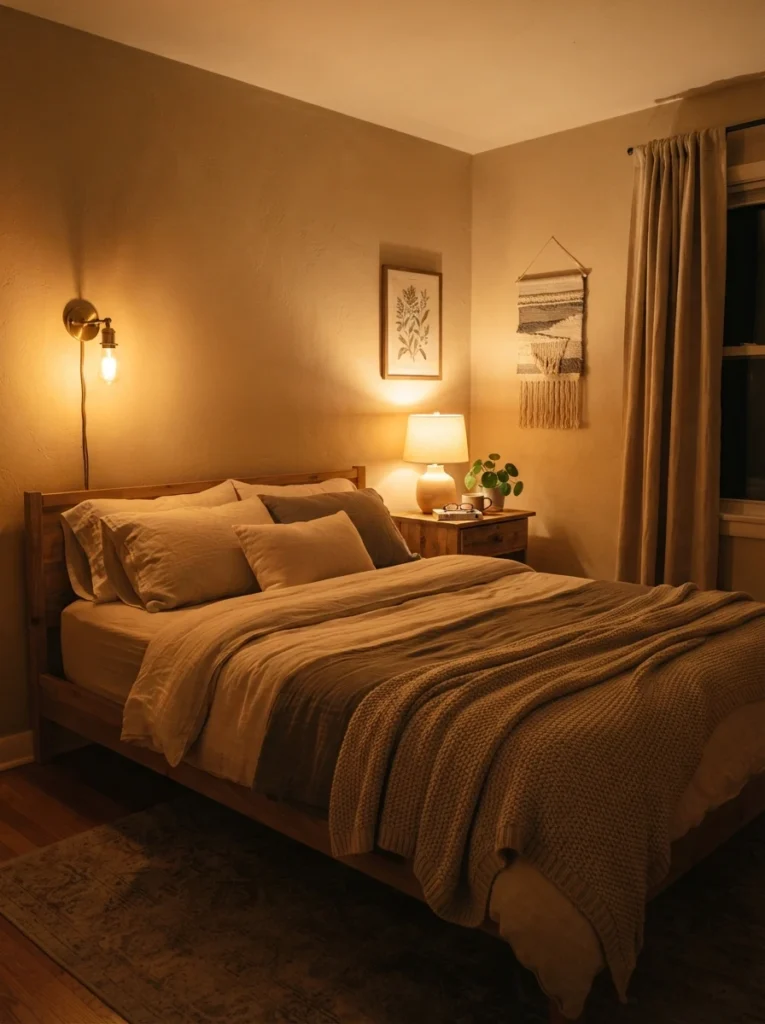 A small cozy bedroom bathed entirely in soft warm 2700K light from a bedside lamp and wall sconce, neutral bedding, evening calm atmosphere, no cool-toned light mixing in, vertical Pinterest interior photography, warm golden tones.