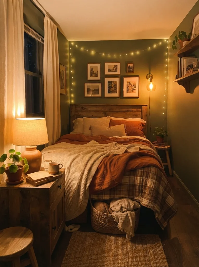 A cozy small bedroom entirely lit in warm tones under 3000K, soft golden glow from a bedside lamp and sconce, no cool white light visible anywhere, calm relaxing evening atmosphere, vertical Pinterest photography, warm inviting tones.