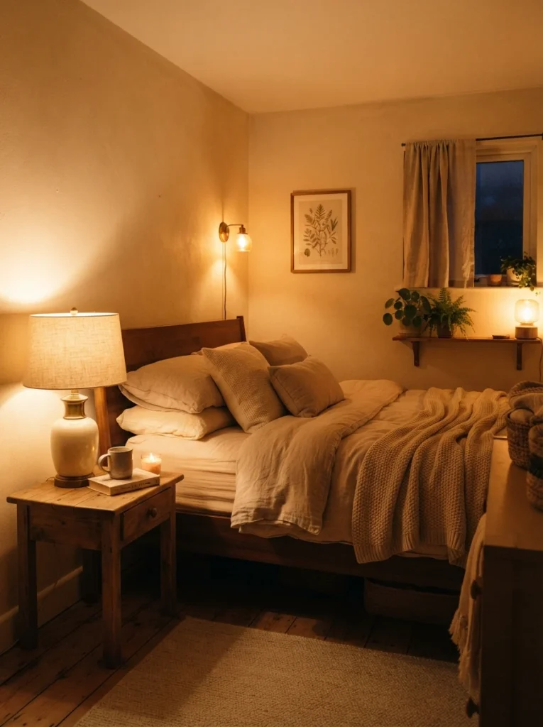 A small cozy bedroom bathed entirely in consistent warm 2700K lighting from a bedside lamp, wall sconce, and soft ambient glow, no cool-toned light mixing in, neutral bedding, evening calm atmosphere, vertical Pinterest photography, warm golden tones.