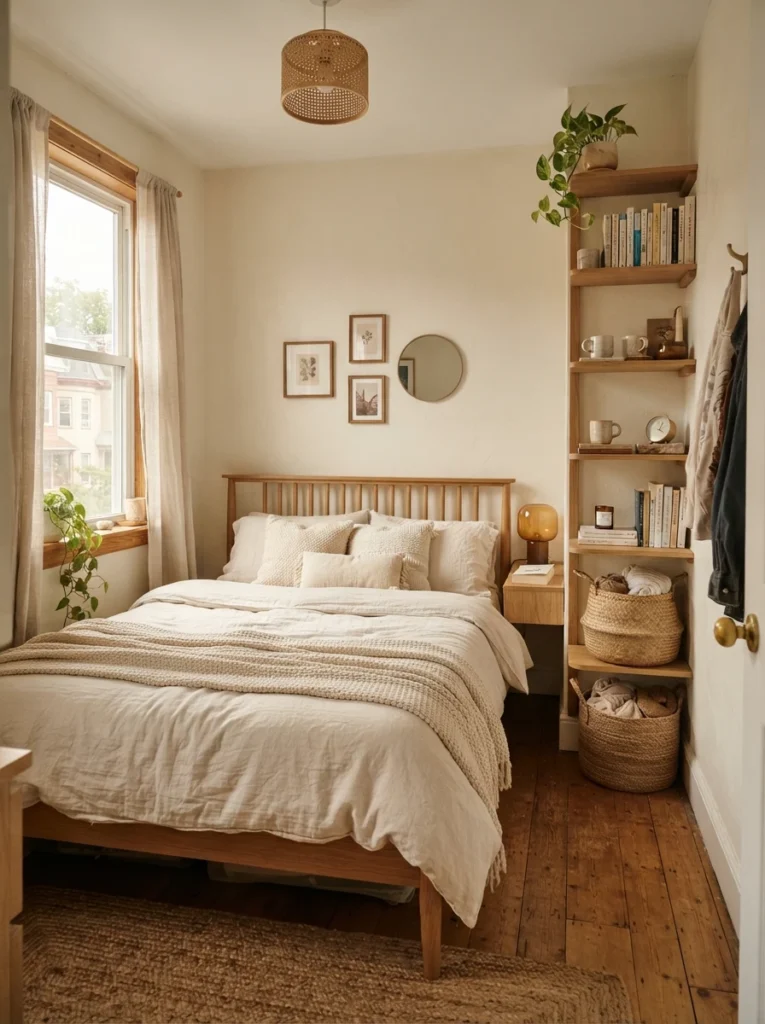 Tiny cozy bedroom with slim corner shelving unit, warm oak wood textures, soft cream bedding, realistic apartment proportions, woven baskets and books on shelves, warm natural daylight, visually balanced small-space design, ultra realistic Pinterest interior photography