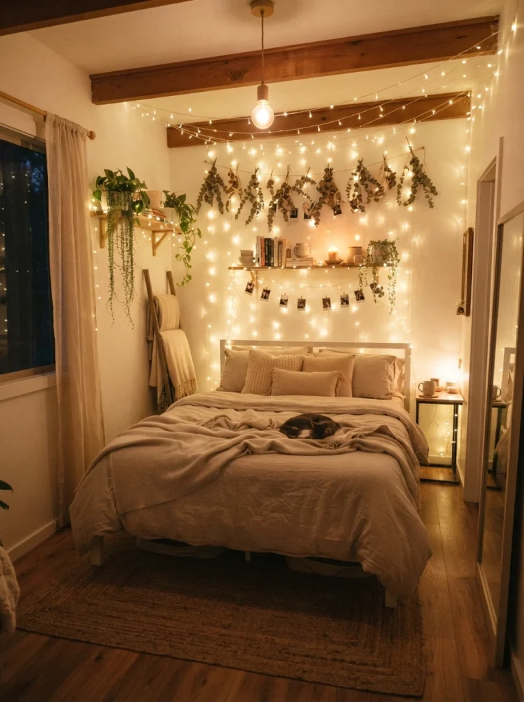 A small bedroom with multiple fairy light installations all in matching warm white tones, cohesive glowing atmosphere, cozy neutral bedding, evening ambiance, vertical Pinterest photography, warm consistent styling.