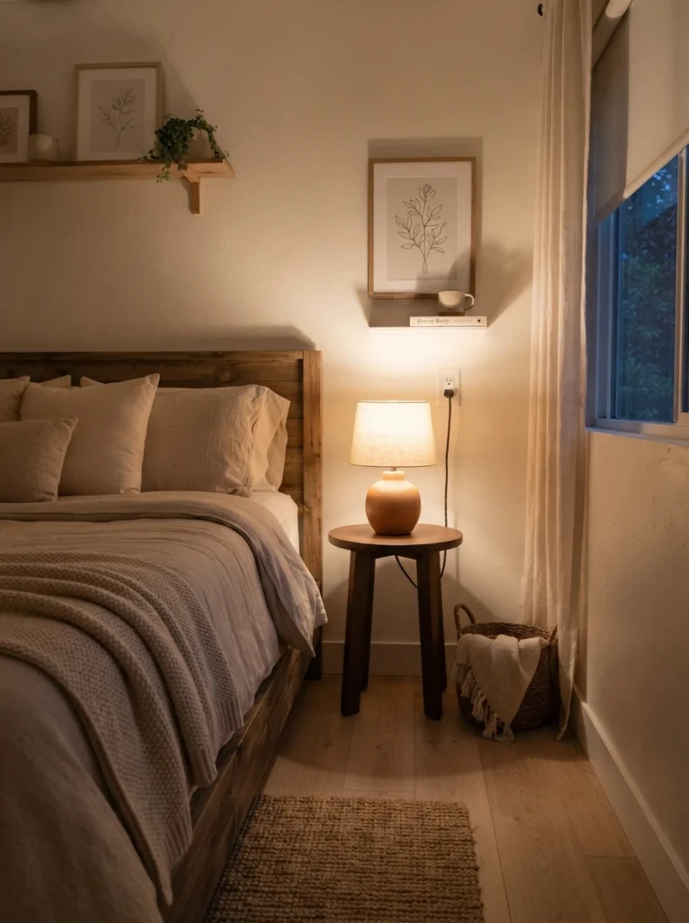 A small cozy bedroom arranged so the bed sits close to a single wall outlet, warm bedside lamp plugged in with a short visible cord, neutral bedding and minimalist decor, evening ambiance, vertical Pinterest interior photography, warm inviting tones.