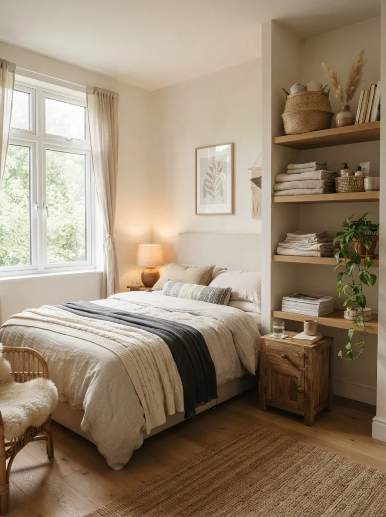 Cozy small bedroom with partially styled open shelving, folded linens, woven baskets, minimal decor objects, warm natural daylight, calm uncluttered atmosphere, realistic apartment bedroom proportions, Pinterest-style ultra realistic photography