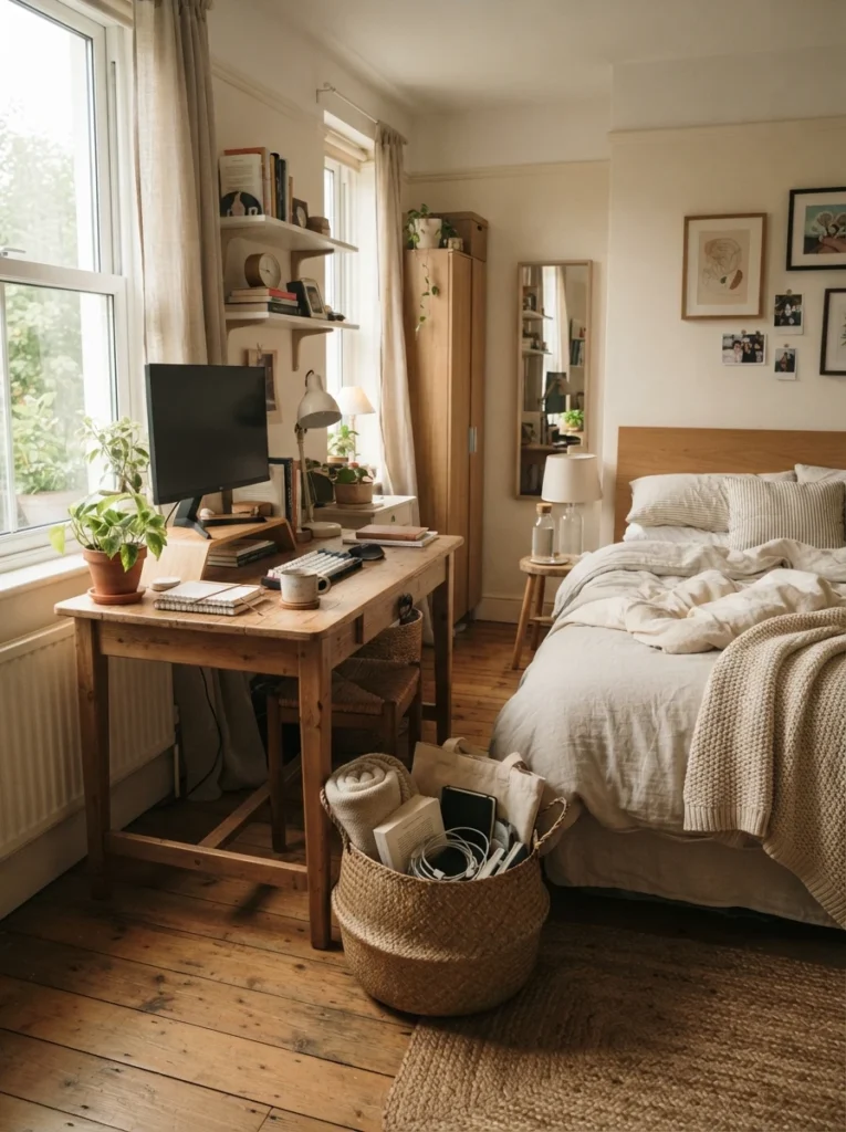 Warm realistic bedroom with designated woven “daily mess” basket beside desk, cozy apartment atmosphere, soft neutral decor, practical organization setup, realistic lived-in details, visually calm small-space design, ultra realistic Pinterest interior photography
