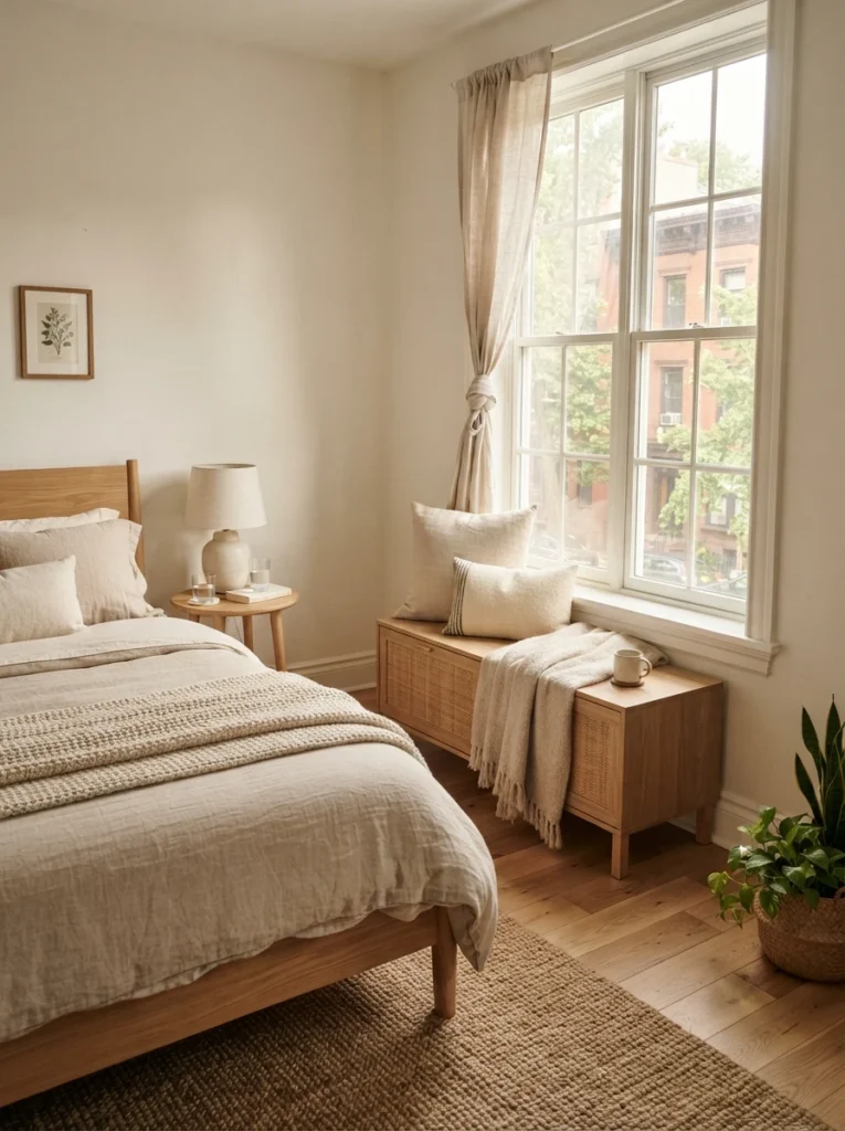 Small cozy bedroom with slim storage bench under large apartment window, soft neutral cushions, warm daylight shadows, light oak furniture, layered beige textiles, realistic small-space proportions, calm minimalist styling, Pinterest-worthy ultra realistic interior scene