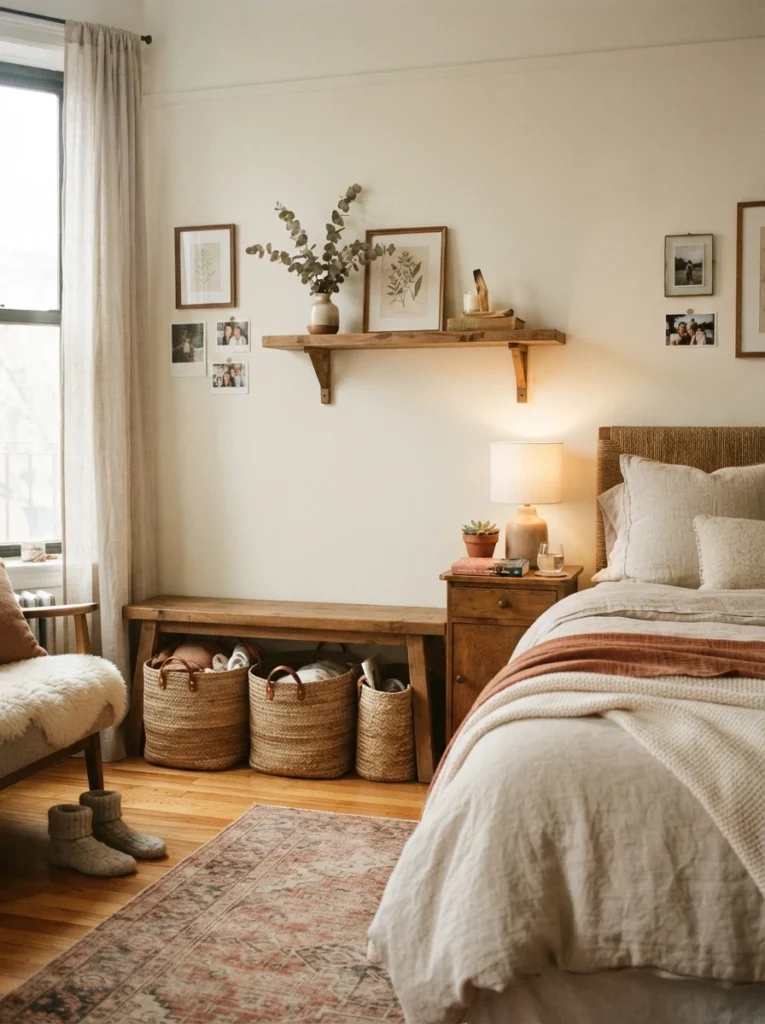 Warm cozy bedroom corner with woven storage baskets under wooden shelves, soft textured bedding, natural light, realistic apartment bedroom, subtle lived-in details, calming earthy tones, visually quiet storage setup, Pinterest interior photography aesthetic