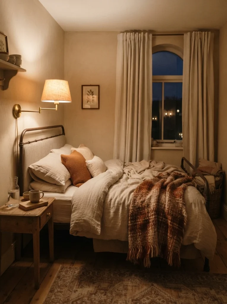 A small bedroom with brass lighting, a linen lampshade, and a wool throw all sharing a cohesive warm palette, cozy tactile styling, evening ambiance, vertical Pinterest photography, warm consistent material tones.