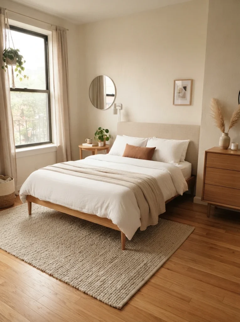 Small cozy bedroom with low-profile furniture on slim legs, visible wood flooring, soft warm daylight, compact apartment proportions, airy minimalist styling, neutral textures, visually open atmosphere, Pinterest-style ultra realistic photography