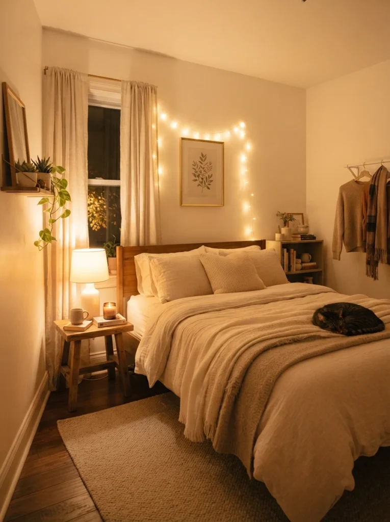  A small bedroom lit entirely in consistent warm 2700K tones, soft blended shadows, cozy neutral bedding, no cool white light mixing in, calm open atmosphere, vertical Pinterest photography, warm golden lighting.