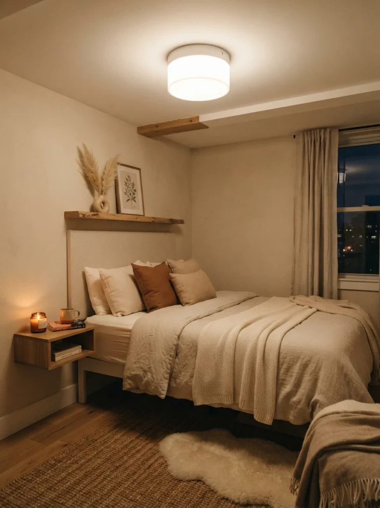 A small bedroom with a low ceiling and a sleek semi-flush mount ceiling fixture, soft even ambient glow, minimal visual footprint, cozy neutral bed below, evening ambiance, vertical Pinterest photography, warm compact styling.