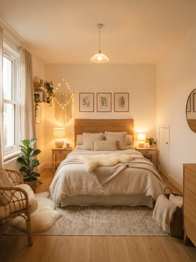 A small bedroom evenly lit from multiple soft sources with no dark corners, warm consistent glow throughout, cozy neutral styling, calm unified atmosphere, vertical Pinterest interior photography, warm even lighting.