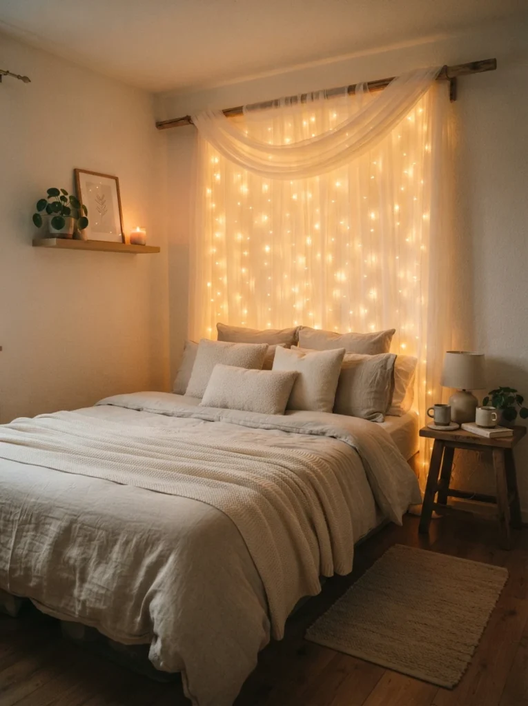 A single rattan pendant light hanging low beside a bed with no nightstand or floor lamp present, warm diffused glow, minimalist bedroom styling, evening ambiance, vertical Pinterest photography, warm elevated tones.