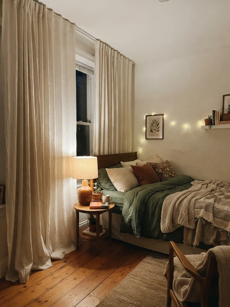 Floor-to-ceiling curtains hung close to the ceiling in a small bedroom, warm lamp glow beneath, cozy elevated atmosphere, evening ambiance, vertical Pinterest photography, warm tall-ceiling illusion.