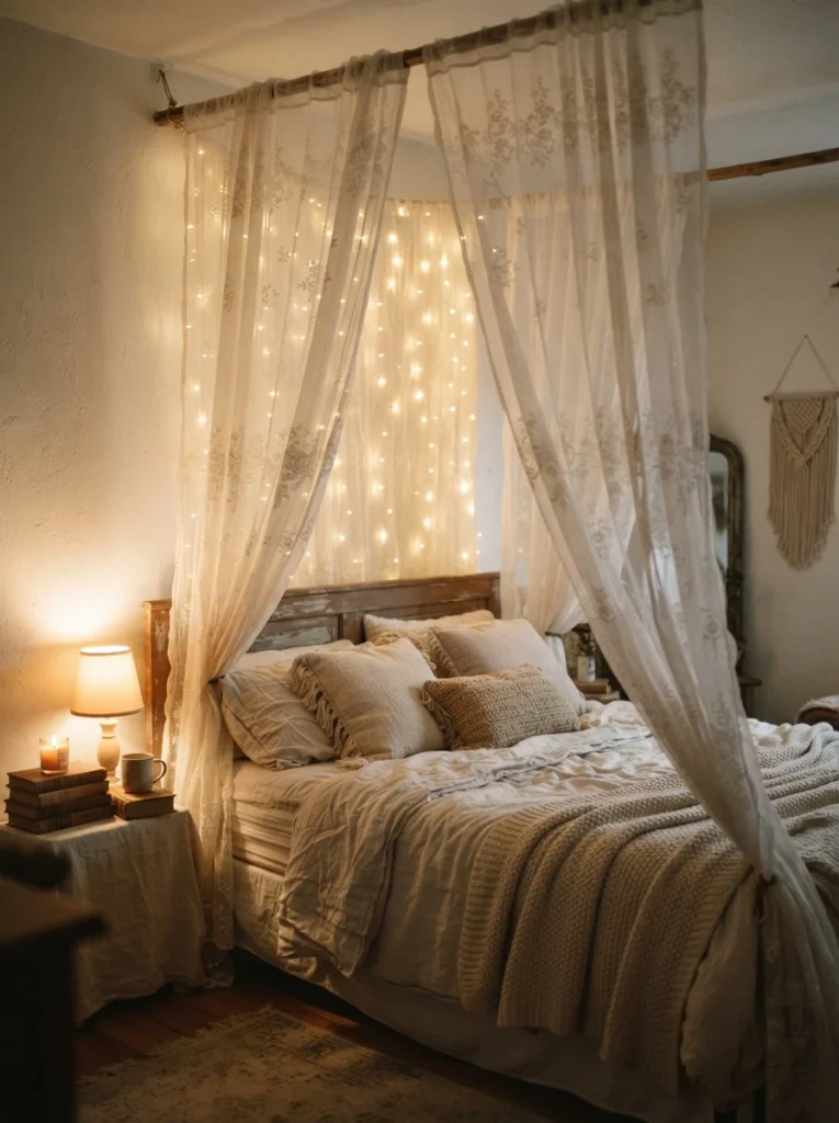 Vintage white net curtains hung above a bed with warm fairy lights glowing softly behind them, dreamy diffused light, cozy neutral bedding below, evening ambiance, vertical Pinterest photography, warm nostalgic tones.