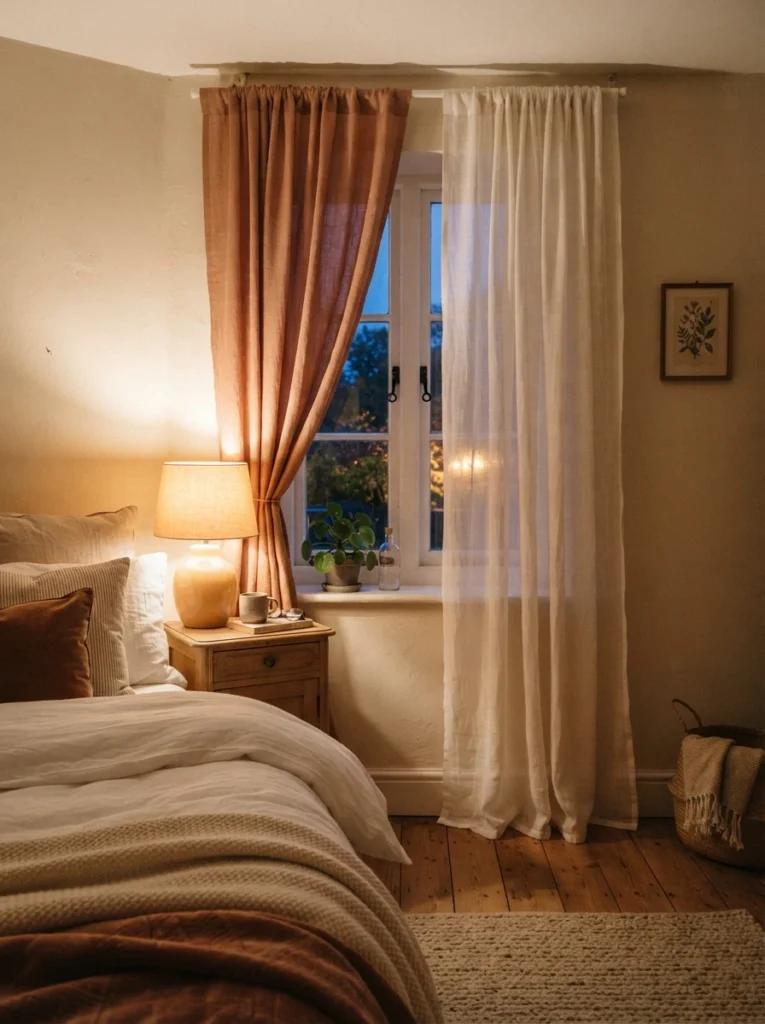  A small bedroom window with double-layered curtains, sheer linen underneath and a heavier warm-toned drape on top, soft evening lamp glow filtering through, cozy hotel-style bedding nearby, vertical Pinterest photography, warm enclosed atmosphere.