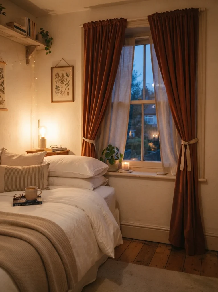 A small bedroom window with double-layered curtains, sheer linen underneath and a heavier warm-toned drape on top, soft evening lamp glow filtering through, cozy hotel-style bedding nearby, vertical Pinterest photography, warm enclosed atmosphere.