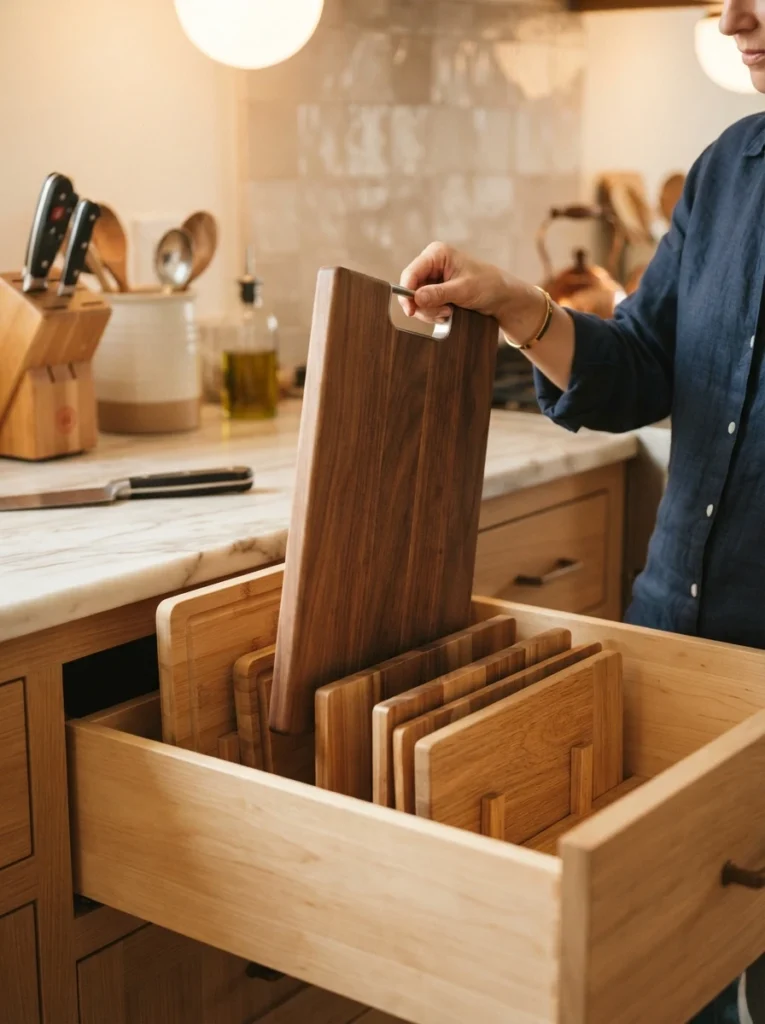 A cutting board being lifted out of a drawer organizer with clearance space at the back, warm kitchen lighting, vertical Pinterest photography, warm functional-clearance styling.