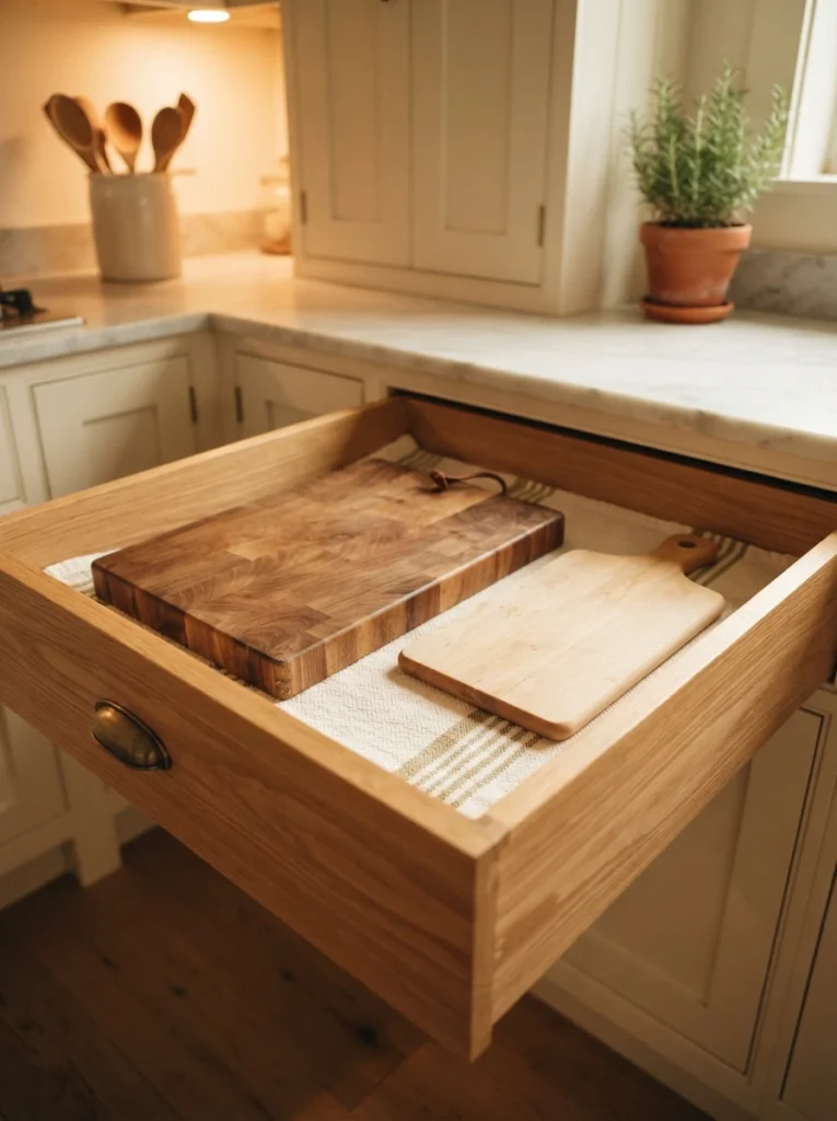 A wide, shallow kitchen drawer holding two flat cutting boards, warm kitchen lighting, vertical Pinterest photography, warm dedicated styling.