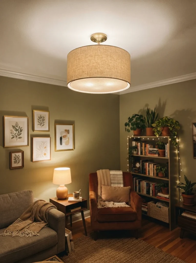 A dated ceiling light fixture transformed with a DIY drum shade covering, warm elevated glow, cozy small apartment room below, evening ambiance, vertical Pinterest photography, warm upgraded tones.