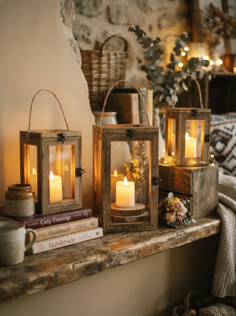 A DIY lantern made from glued picture frames with a battery candle glowing inside, arranged with two others at different heights on a shelf, cozy budget styling, evening ambiance, vertical Pinterest photography, warm handmade tones.