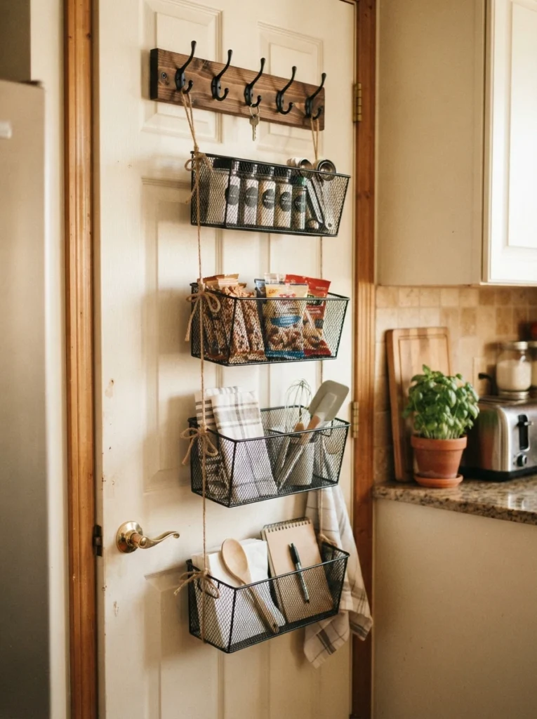 A DIY over-the-door organizer made from dollar store baskets attached to a hook frame, warm kitchen lighting, vertical Pinterest photography, warm budget-DIY styling.