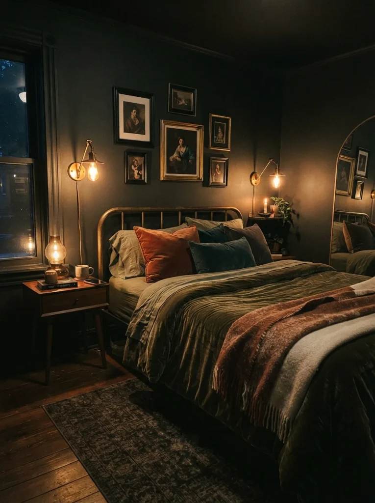 A small dark moody bedroom with no overhead light on, warm low-level lamps and sconces creating pools of golden glow, deep charcoal walls, cozy velvet bedding, evening ambiance, vertical Pinterest photography, warm dramatic tones.