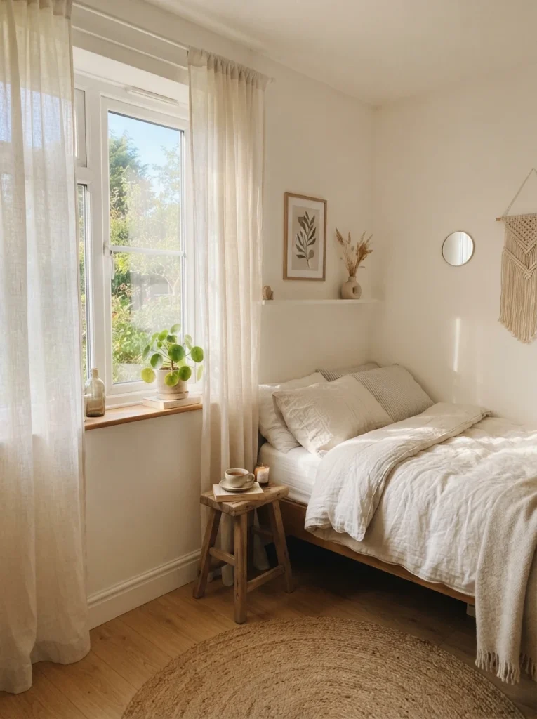 A small bedroom window with sheer light-colored curtains letting in soft natural daylight, bright airy atmosphere, minimalist bed nearby, morning light filling the room, vertical Pinterest interior photography, warm bright natural tones.