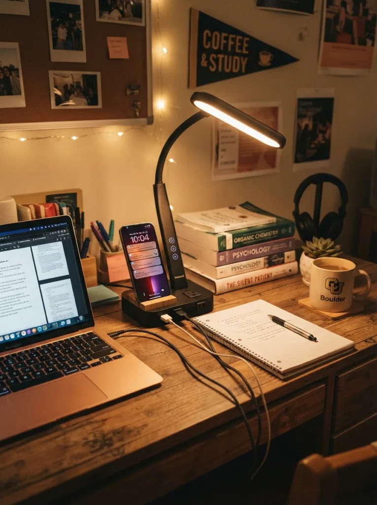 A sleek desk lamp with built-in USB ports and outlets, phone and laptop charging cables plugged in, warm glow over a dorm desk, evening ambiance, vertical Pinterest photography, warm functional styling.