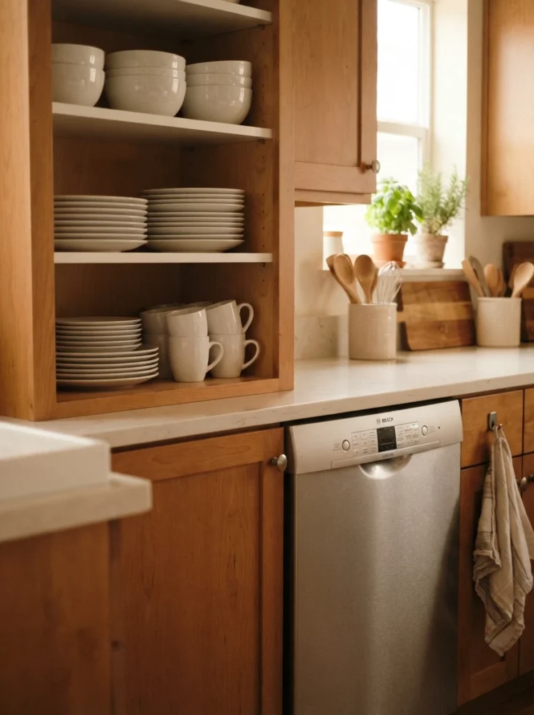 ![Dishes stored in a cabinet close to the dishwasher for easy unloading, warm kitchen lighting, vertical Pinterest photography, warm proximity-based styling.]